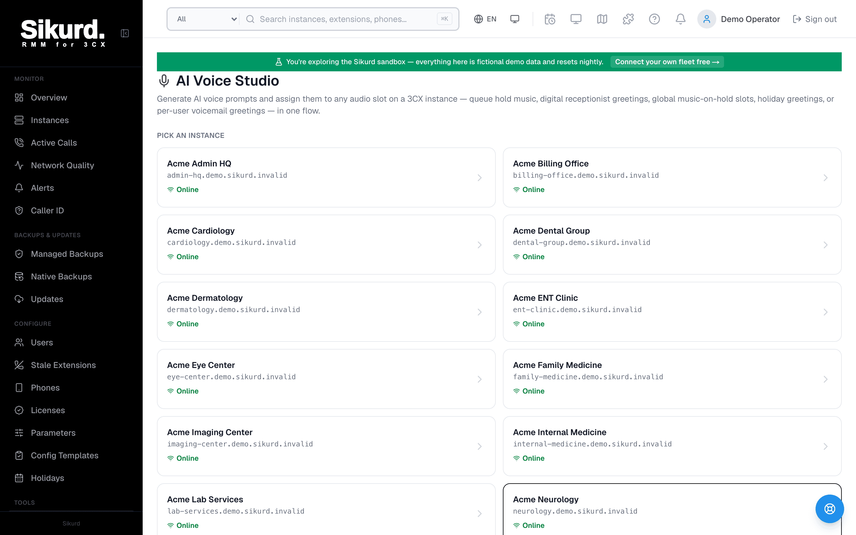Sikurd's AI Voice Studio generating 3CX prompts from text with built-in ElevenLabs voices