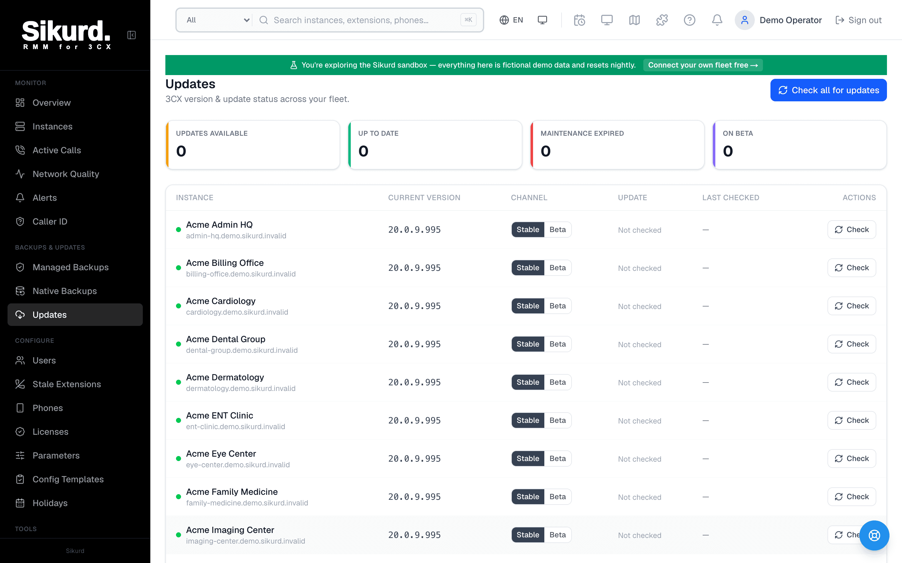 Sikurd's Update Manager showing pending 3CX updates across the fleet with scheduling controls